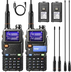 BAOFENG UV-5RM Plus 10W Dual Band Ham Radio Handheld, NOAA FM Airband Receiver, Long Range Two Way Radio with 8" & 15" ANT, Programming Cable, 2500mAh Battery USB-C Port, Chirp Compatible, 2 Packs