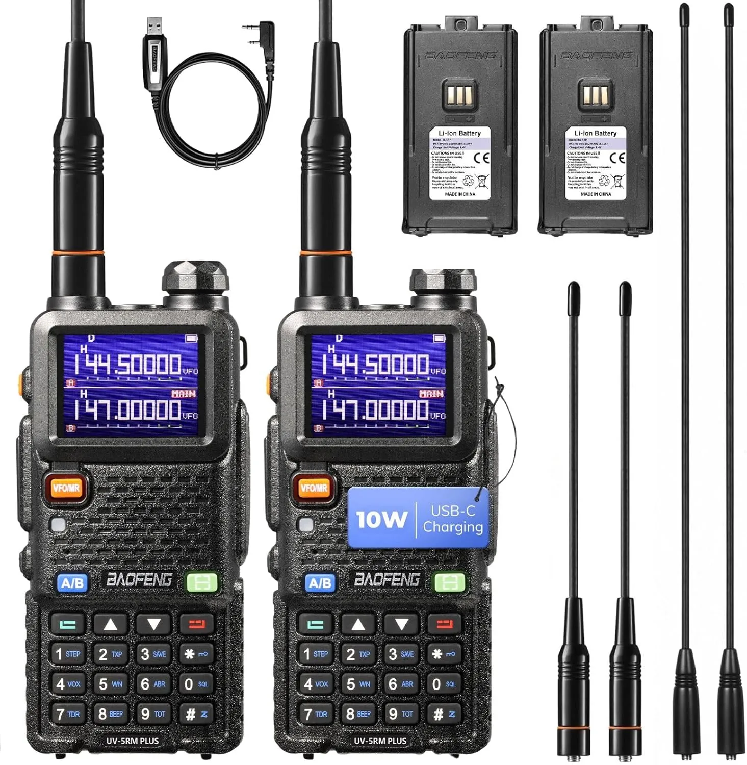 BAOFENG UV-5RM Plus 10W Dual Band Ham Radio Handheld, NOAA FM Airband Receiver, Long Range Two Way Radio with 8" & 15" ANT, Programming Cable, 2500mAh Battery USB-C Port, Chirp Compatible, 2 Packs