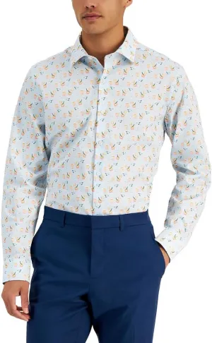 bar III Mens Cocktails Organic Cotton Print Button-Down Shirt Blue M