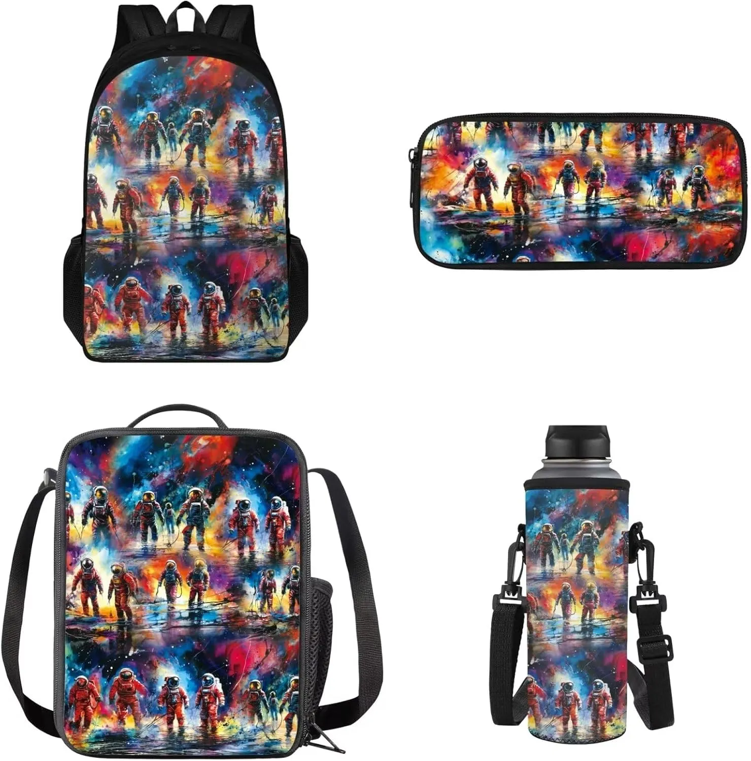 Basketball Print 4pcs Set School Bookbag with Insulated Lunchbox and Pencil Box with Cross-by Shoulder Water Bottle Sleeve, Casual Rucksack Travel Backpack Daypack for School