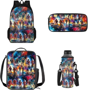 Basketball Print 4pcs Set School Bookbag with Insulated Lunchbox and Pencil Box with Cross-by Shoulder Water Bottle Sleeve, Casual Rucksack Travel Backpack Daypack for School