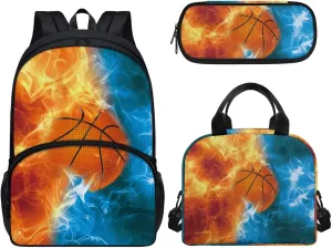 Basketball School Backpack for Boys Girls 17 in Black Boy Sports Backpack Cool Design Casual Daypack with Lunch Bag Pen Case 3 Pcs