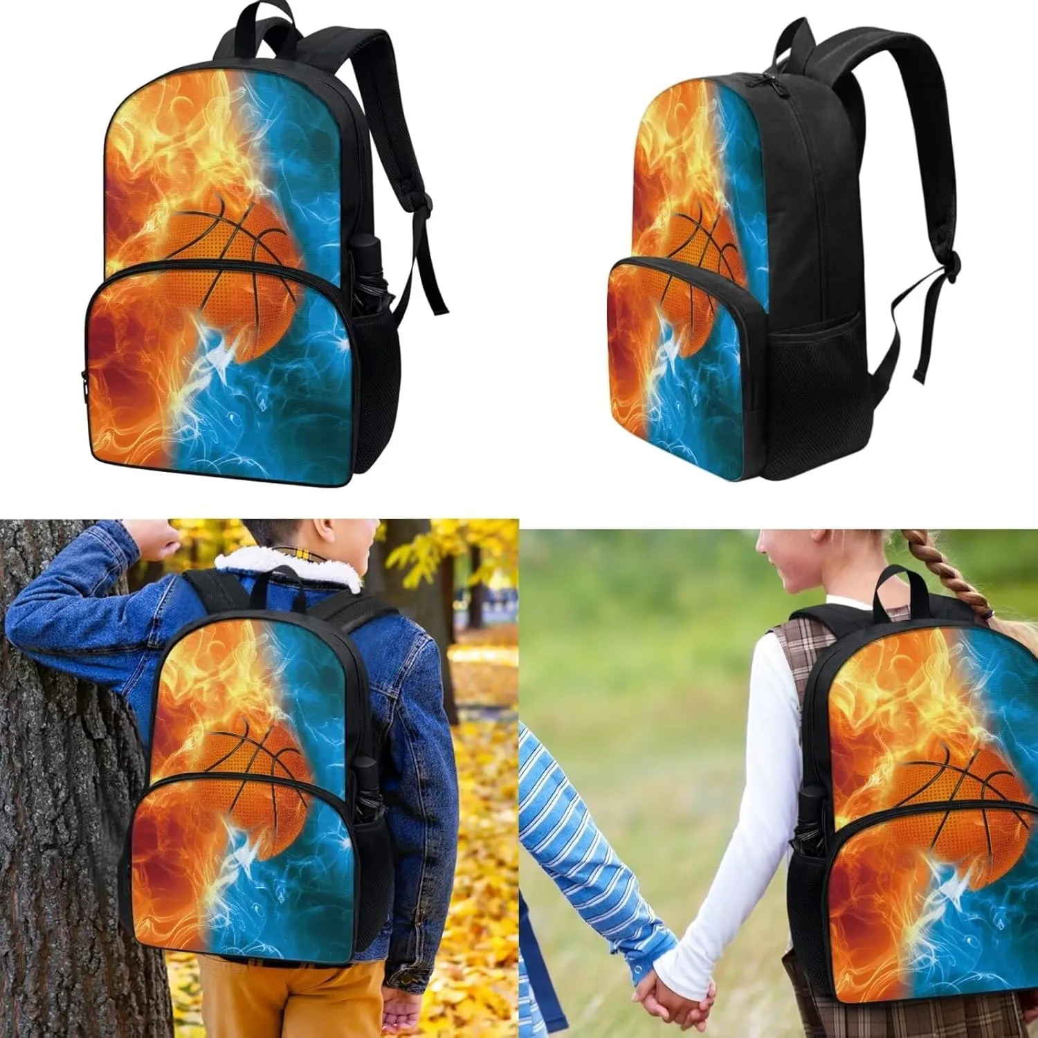 Basketball School Backpack for Boys Girls 17 in Black Boy Sports Backpack Cool Design Casual Daypack with Lunch Bag Pen Case 3 Pcs