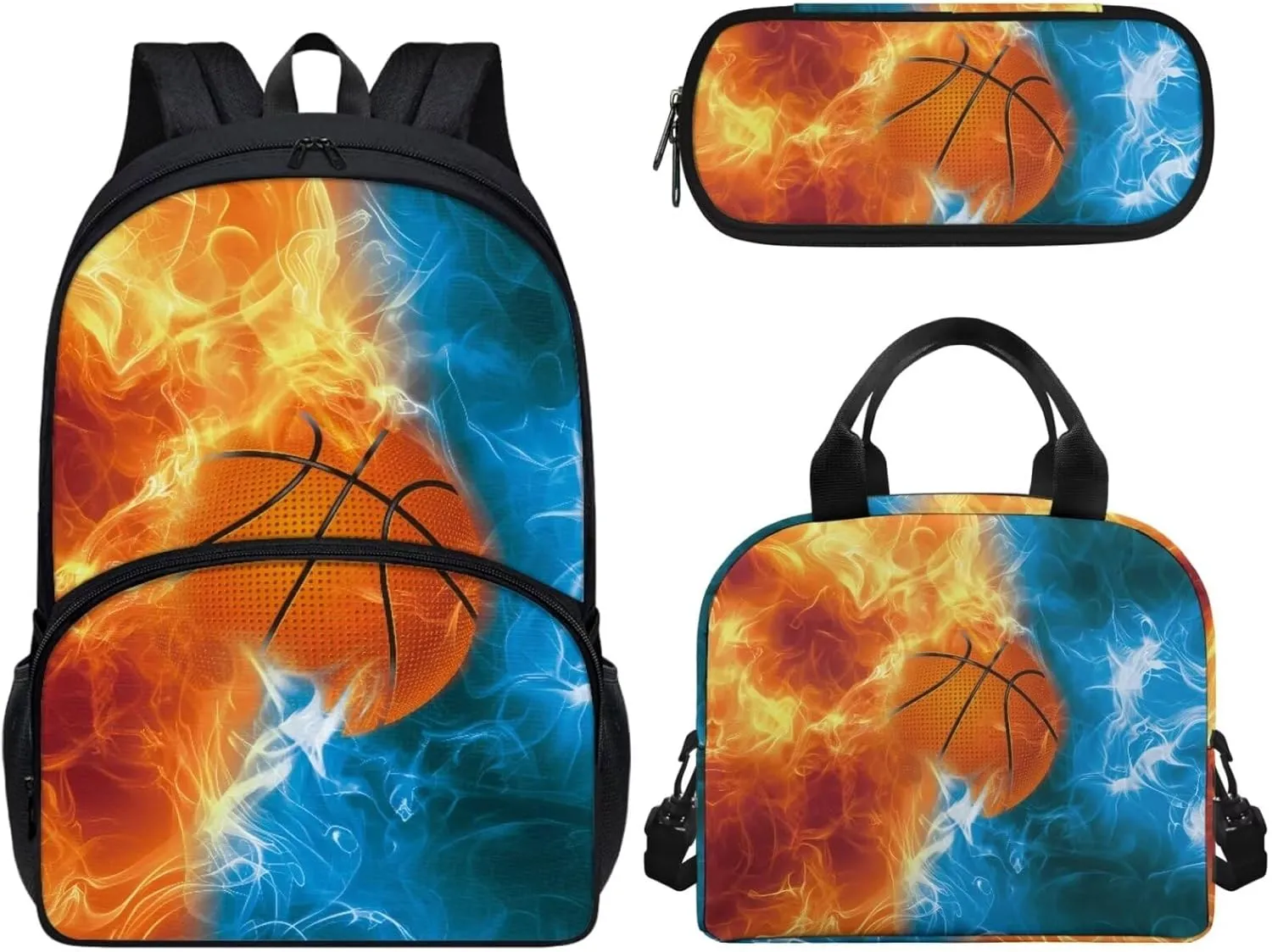 Basketball School Backpack for Boys Girls 17 in Black Boy Sports Backpack Cool Design Casual Daypack with Lunch Bag Pen Case 3 Pcs