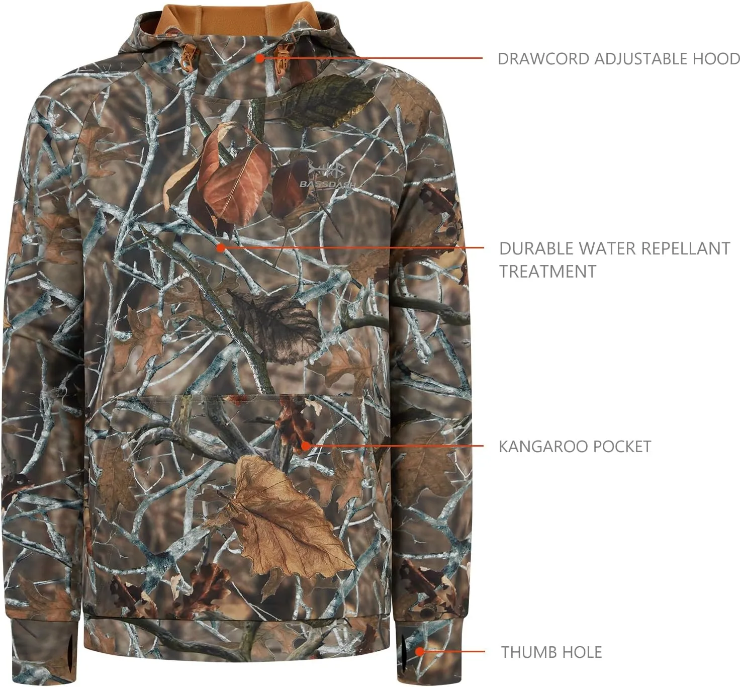 BASSDASH Men’s Fleece Lined Fishing Hoodies Water Resistant Performance Pullover Sweatshirts Stretchy Hunting Workout FS32M