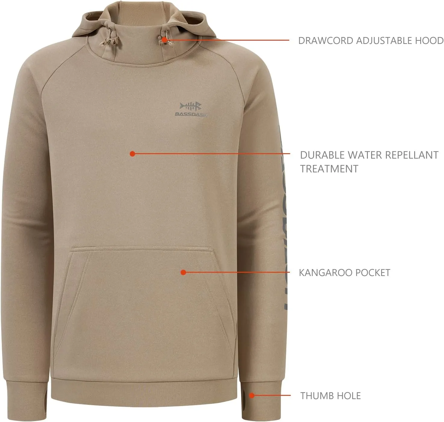 BASSDASH Men’s Fleece Lined Fishing Hoodies Water Resistant Performance Pullover Sweatshirts Stretchy Hunting Workout FS32M