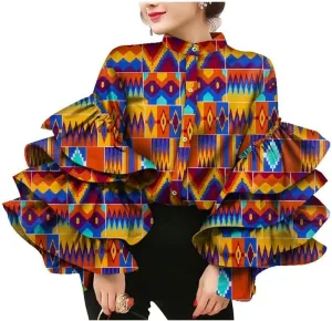 BAZINRICHE Women African Print Long Sleeves Top Shirt Dashiki Square Collar Shirts Ankara Clothing