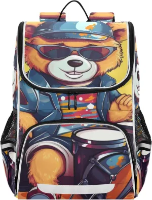 Bear Play Drum Set School Backpack for Boys Girls, Elementary School Bookbag Travel Bag Daypack for Students