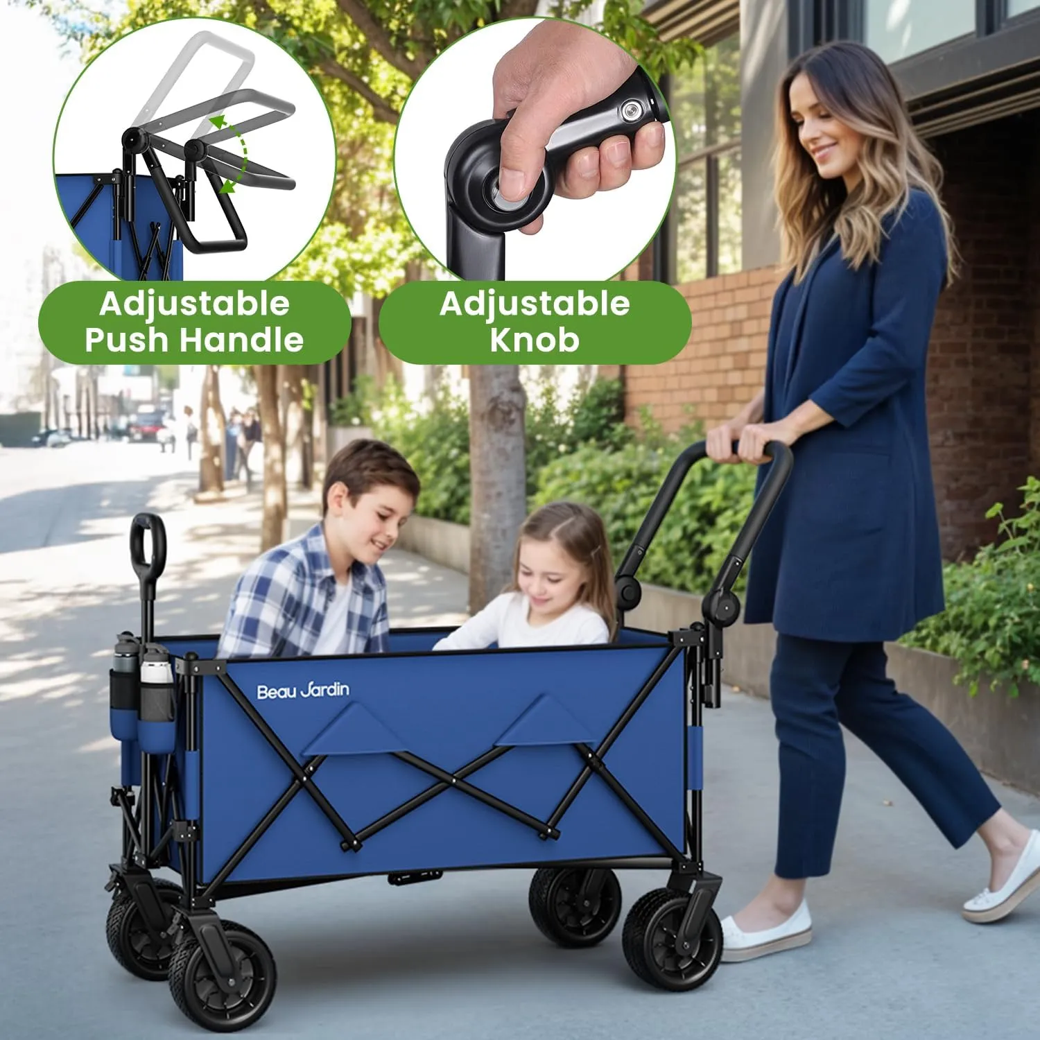 BEAU JARDIN Folding Push & Pull Beach Wagon 500 lbs Collapsible Foldable Wagons with Push Handle All Terrain Wheels Grocery Utility Camping Sports Garden Wagon Cart Blue