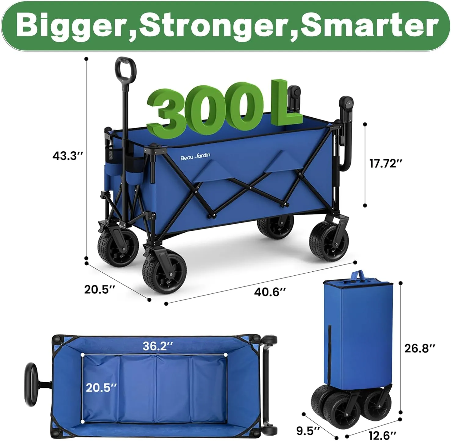 BEAU JARDIN Folding Push & Pull Beach Wagon 500 lbs Collapsible Foldable Wagons with Push Handle All Terrain Wheels Grocery Utility Camping Sports Garden Wagon Cart Blue