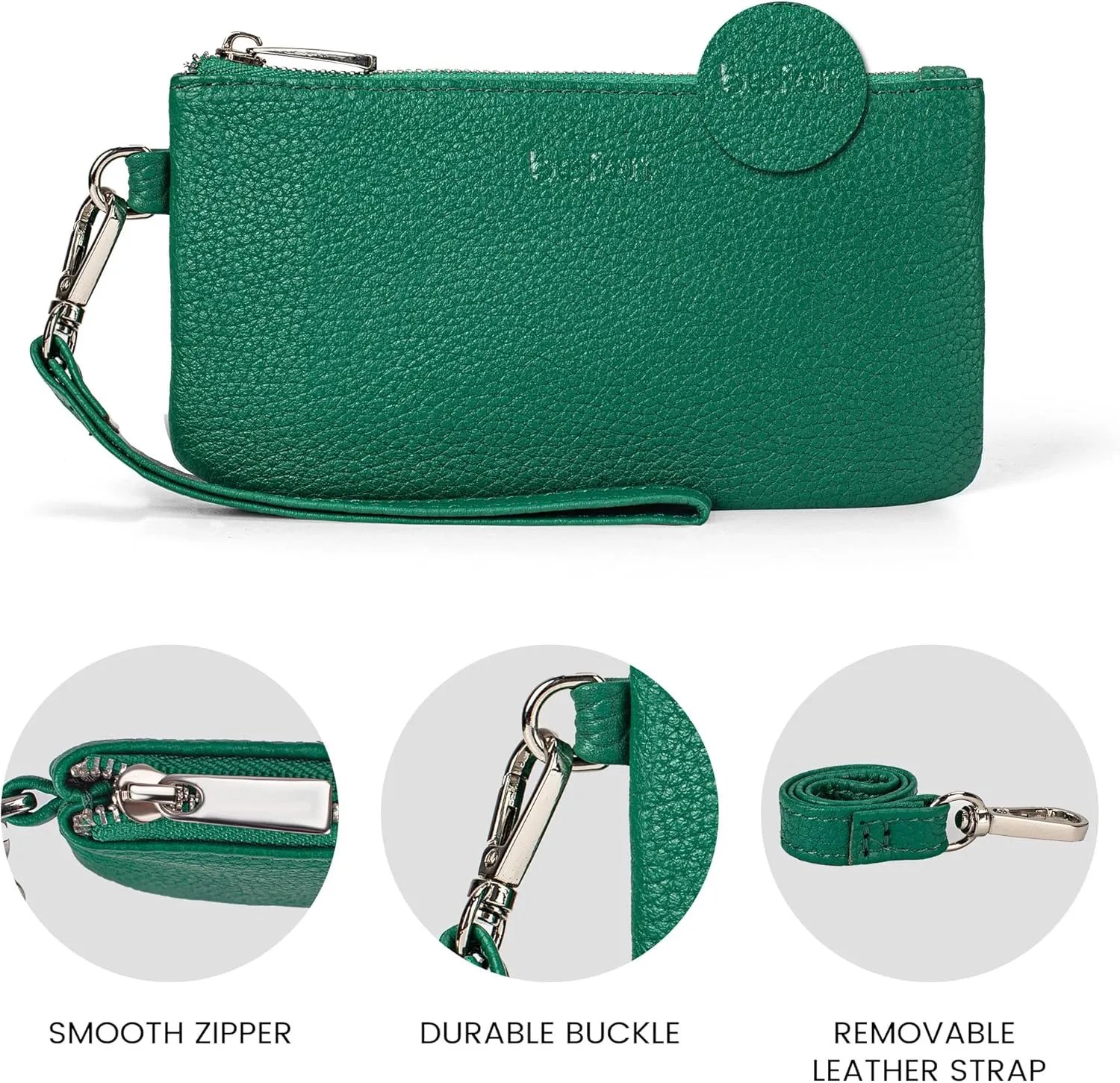befen Genuine Leather Wristlet Coin Purse, Small Italian Leather Zipper Wallet Pouch for Women 6.75 x 3.75