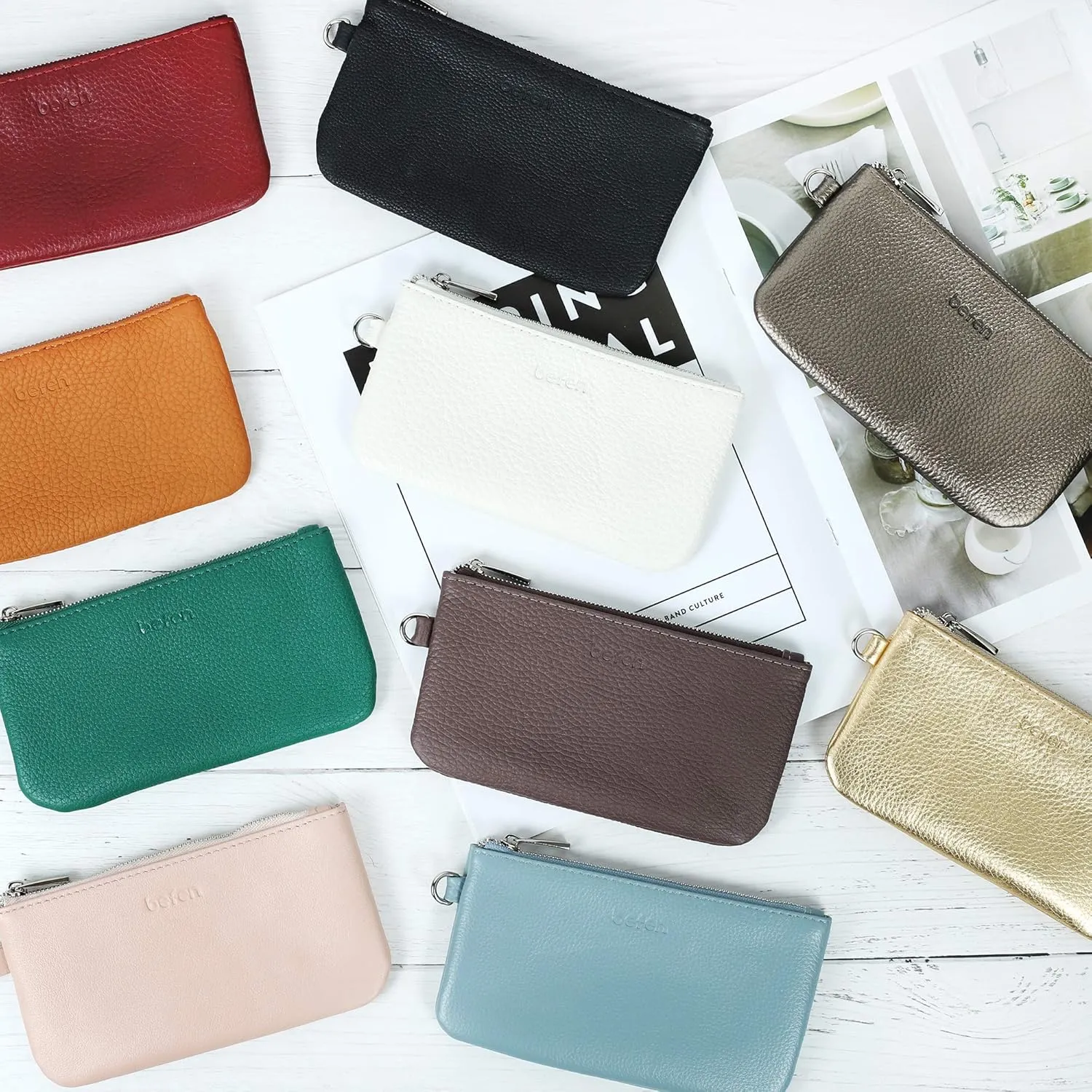 befen Genuine Leather Wristlet Coin Purse, Small Italian Leather Zipper Wallet Pouch for Women 6.75 x 3.75