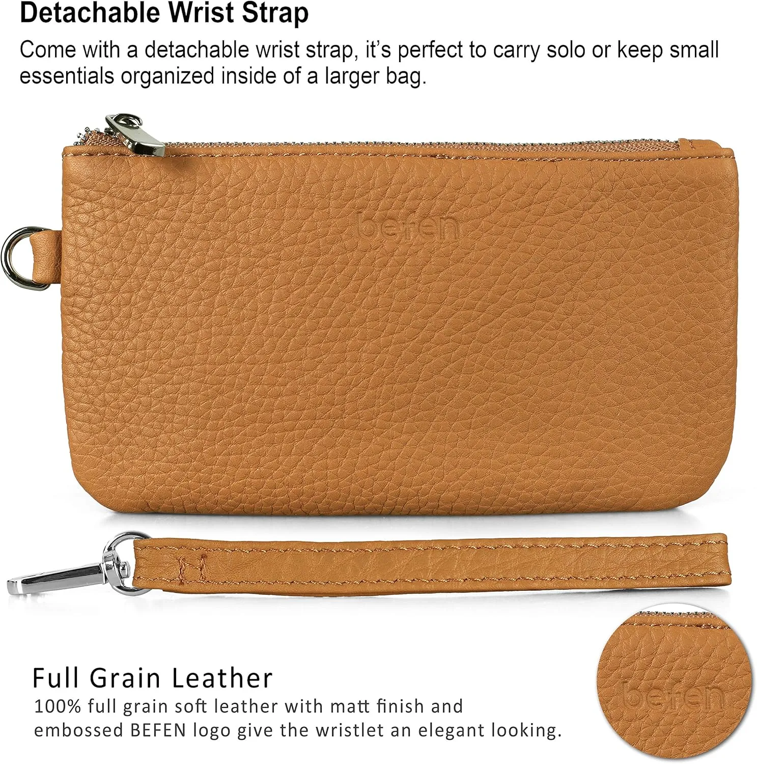 befen Genuine Leather Wristlet Coin Purse, Small Italian Leather Zipper Wallet Pouch for Women 6.75 x 3.75