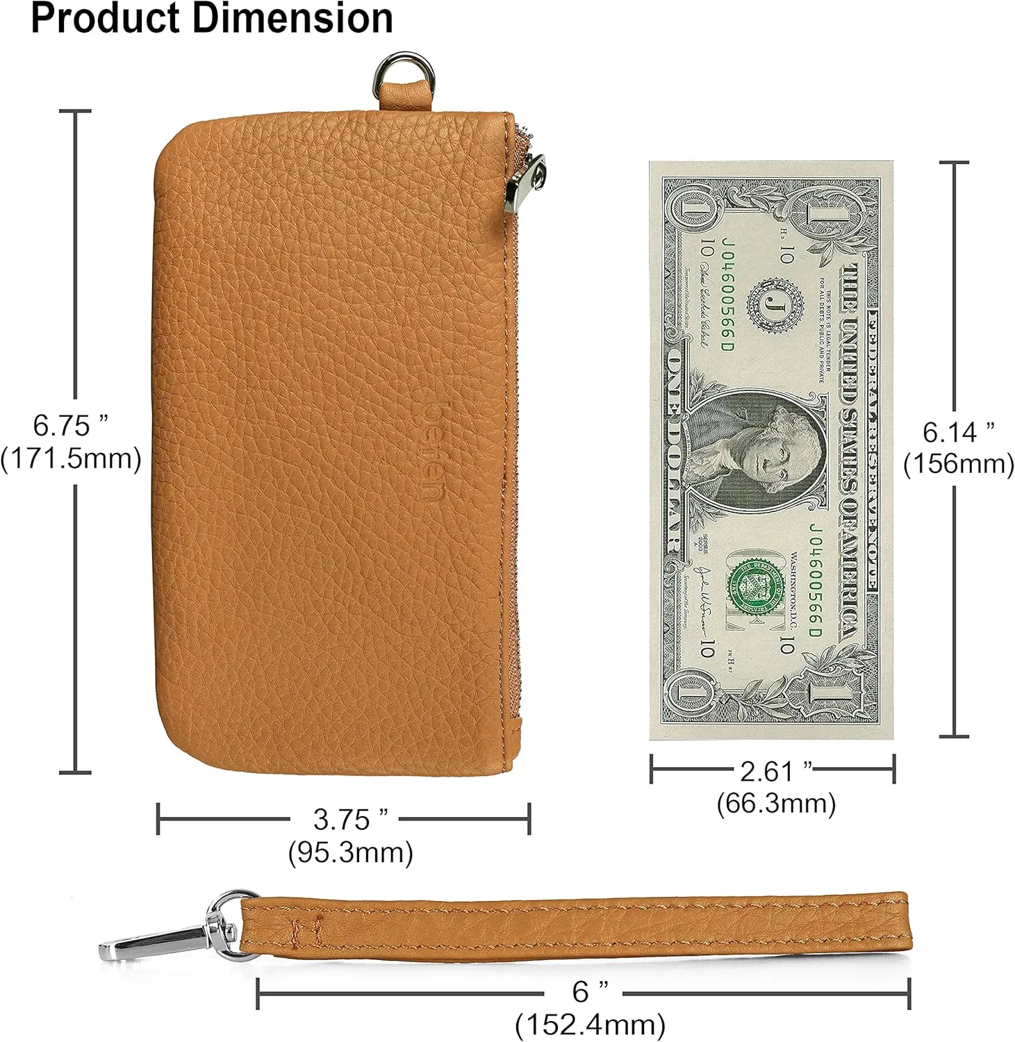 befen Genuine Leather Wristlet Coin Purse, Small Italian Leather Zipper Wallet Pouch for Women 6.75 x 3.75