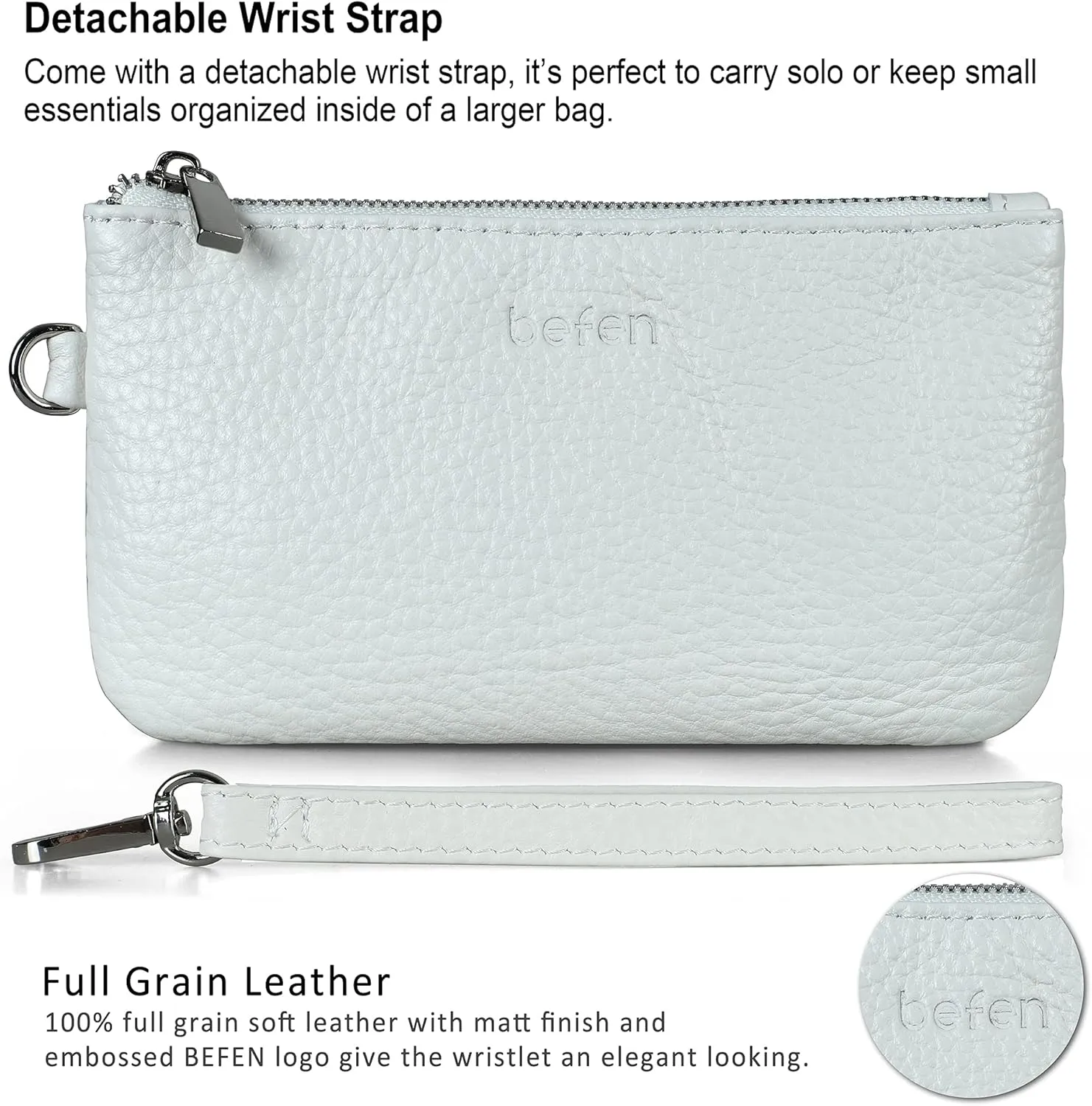 befen Genuine Leather Wristlet Coin Purse, Small Italian Leather Zipper Wallet Pouch for Women 6.75 x 3.75