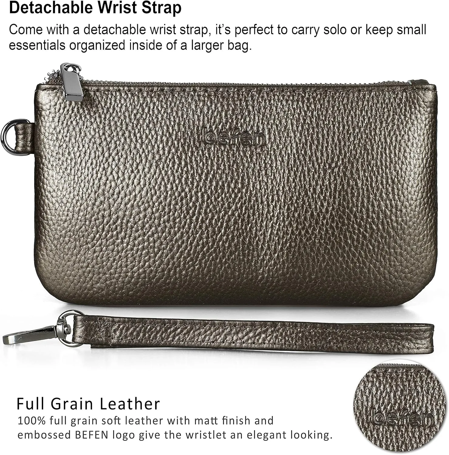 befen Genuine Leather Wristlet Coin Purse, Small Italian Leather Zipper Wallet Pouch for Women 6.75 x 3.75