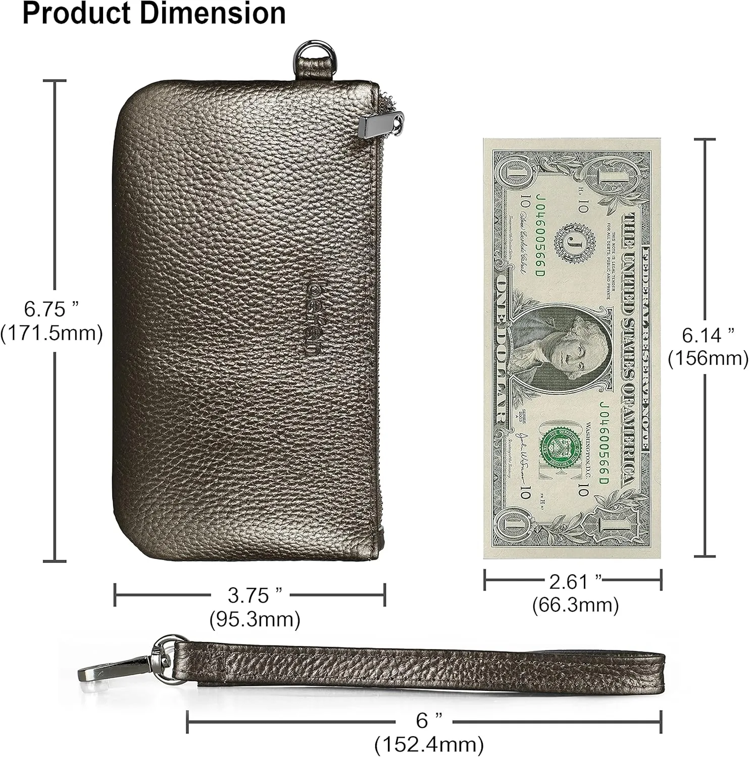 befen Genuine Leather Wristlet Coin Purse, Small Italian Leather Zipper Wallet Pouch for Women 6.75 x 3.75