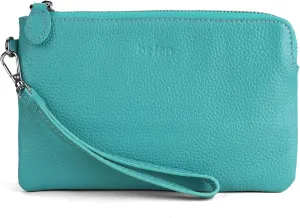 befen Turquoise Women's Genuine Leather Clutch Purse Slim Wristlet Corner Zip Wallet for Women, Silver Zipper