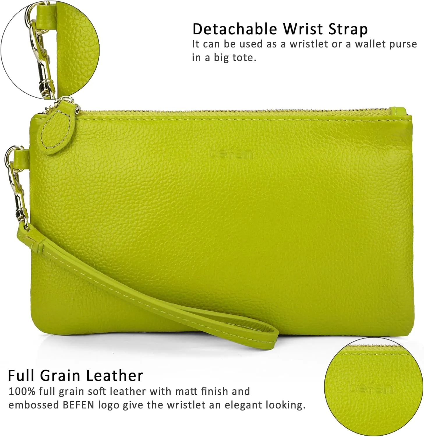 befen Women's Genuine Italian Leather Wristlet Clutch Wallet Purse, Gold Zipper