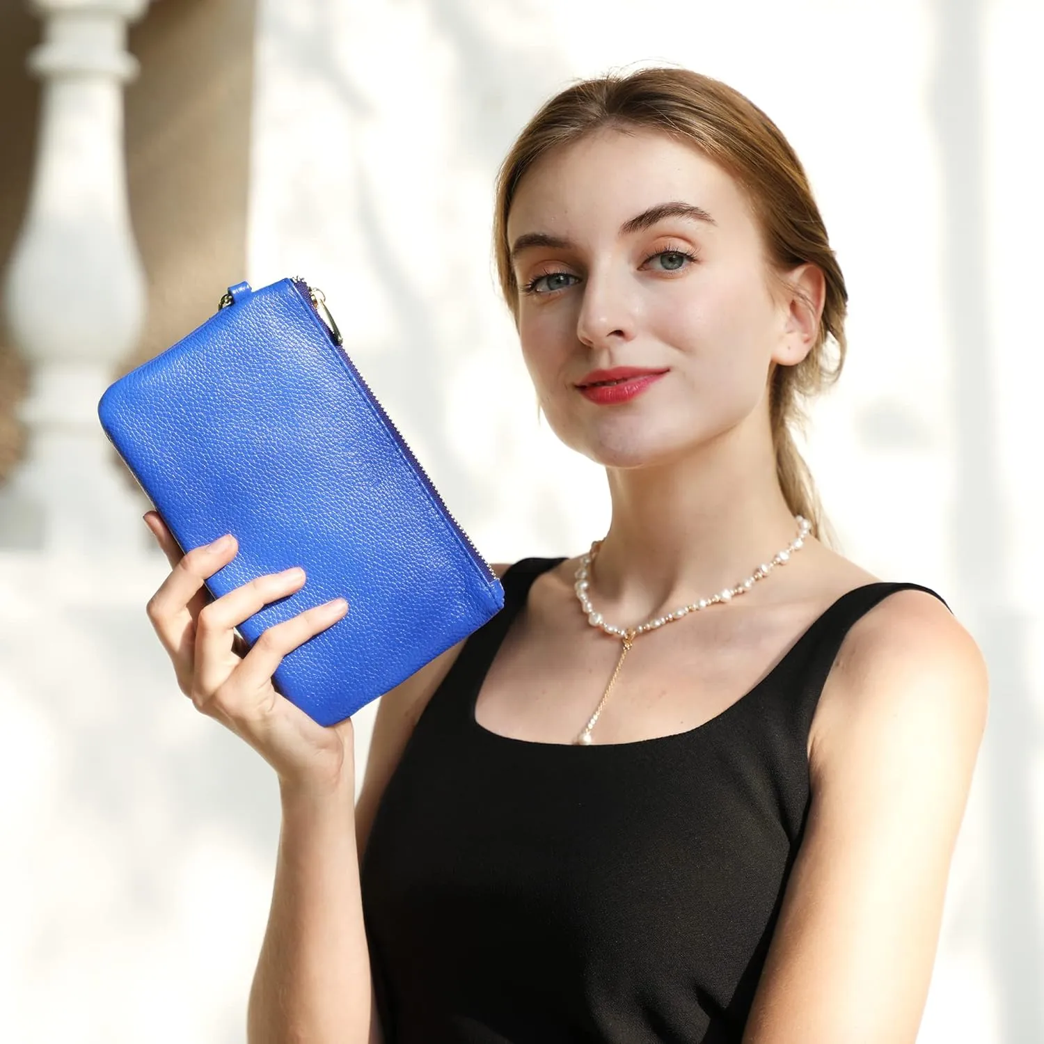 befen Women's Genuine Italian Leather Wristlet Clutch Wallet Purse, Gold Zipper