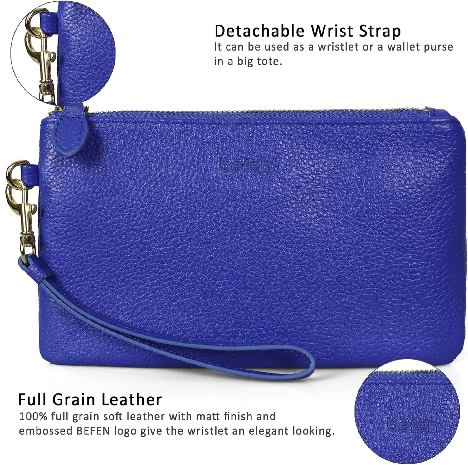 befen Women's Genuine Italian Leather Wristlet Clutch Wallet Purse, Gold Zipper