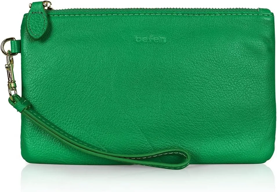 befen Women's Genuine Italian Leather Wristlet Clutch Wallet Purse, Gold Zipper