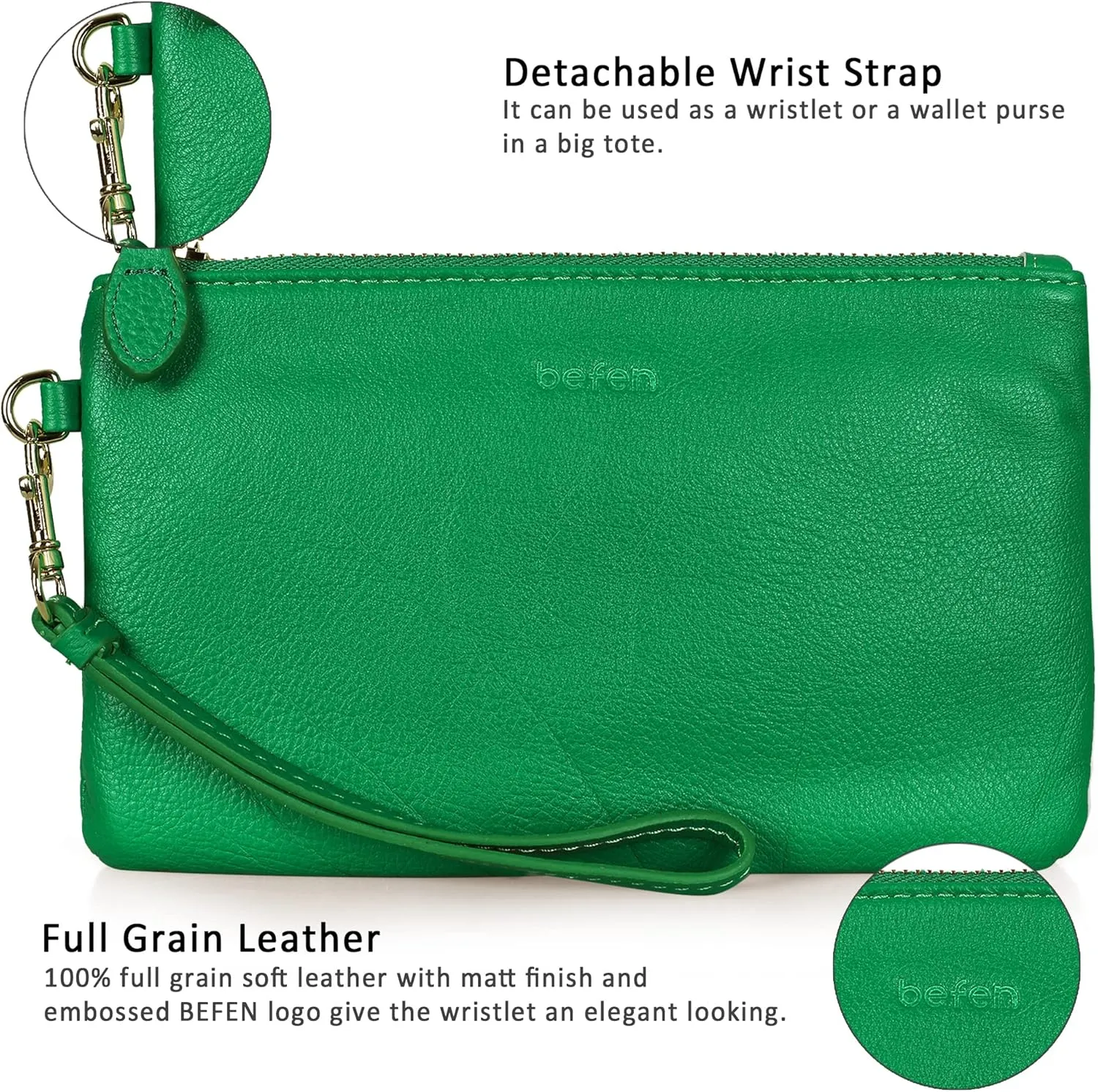 befen Women's Genuine Italian Leather Wristlet Clutch Wallet Purse, Gold Zipper