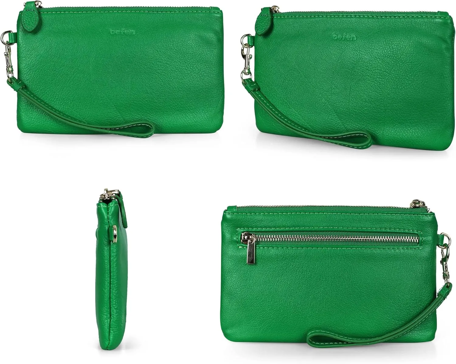 befen Women's Genuine Italian Leather Wristlet Clutch Wallet Purse, Gold Zipper