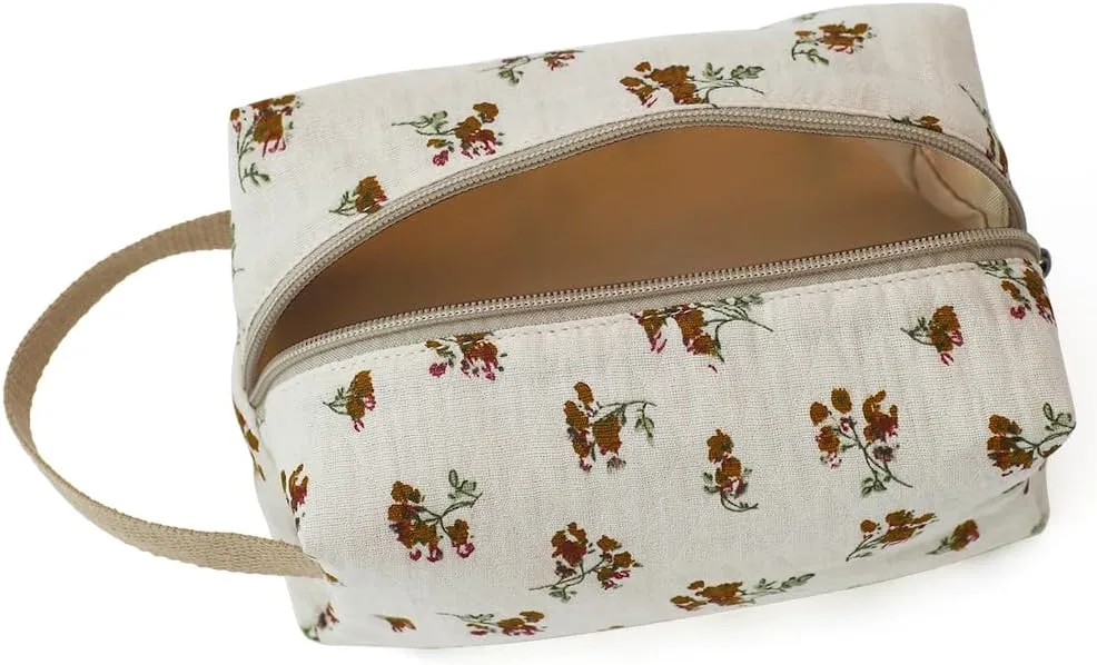 Beige Cotton Travel Makeup Bag with Floral Print – Small Cosmetic Zipper Pouch for Women and Girls, On-the-Go Toiletry and Makeup Organizer