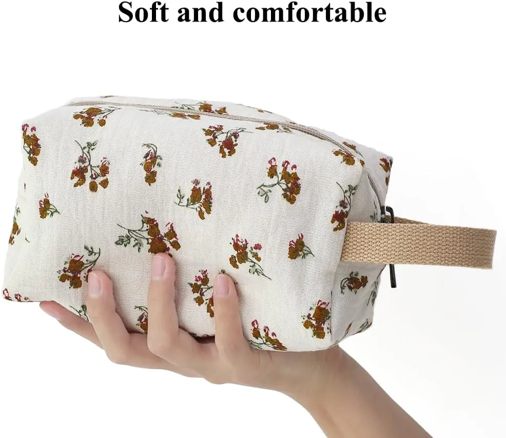 Beige Cotton Travel Makeup Bag with Floral Print – Small Cosmetic Zipper Pouch for Women and Girls, On-the-Go Toiletry and Makeup Organizer