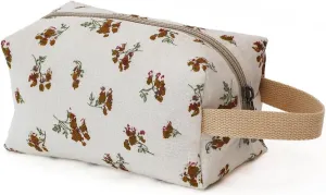 Beige Cotton Travel Makeup Bag with Floral Print – Small Cosmetic Zipper Pouch for Women and Girls, On-the-Go Toiletry and Makeup Organizer