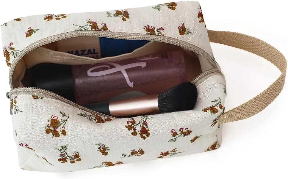 Beige Cotton Travel Makeup Bag with Floral Print – Small Cosmetic Zipper Pouch for Women and Girls, On-the-Go Toiletry and Makeup Organizer