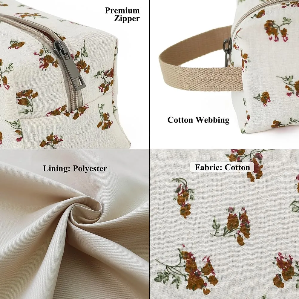 Beige Cotton Travel Makeup Bag with Floral Print – Small Cosmetic Zipper Pouch for Women and Girls, On-the-Go Toiletry and Makeup Organizer