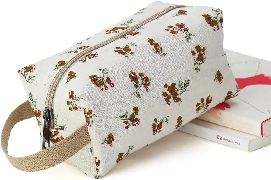 Beige Cotton Travel Makeup Bag with Floral Print – Small Cosmetic Zipper Pouch for Women and Girls, On-the-Go Toiletry and Makeup Organizer