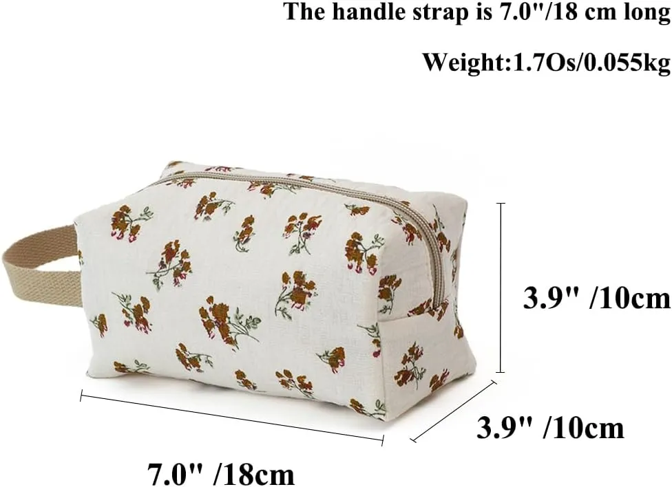 Beige Cotton Travel Makeup Bag with Floral Print – Small Cosmetic Zipper Pouch for Women and Girls, On-the-Go Toiletry and Makeup Organizer
