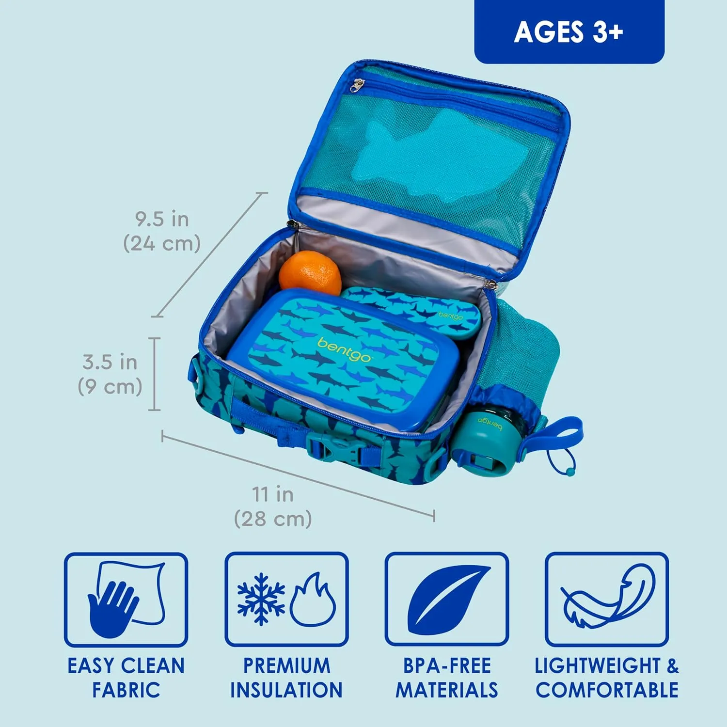 Bentgo Kids Lunch Bag - Durable, Double-Insulated Lunch Bag for Kids 3 ; Holds Lunch Box, Water Bottle, & Snacks; Easy-Clean Water-Resistant Fabric & Multiple Zippered Pockets (Shark)