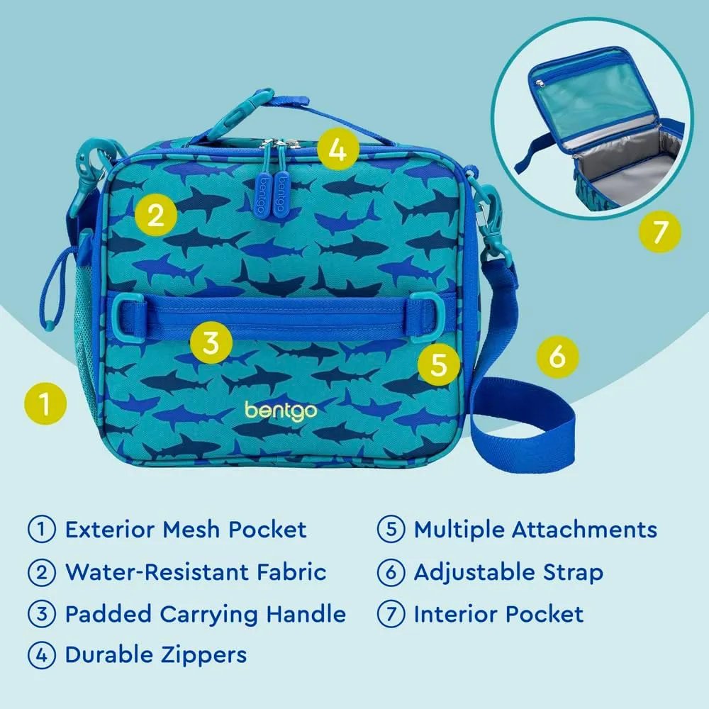 Bentgo Kids Lunch Bag - Durable, Double-Insulated Lunch Bag for Kids 3 ; Holds Lunch Box, Water Bottle, & Snacks; Easy-Clean Water-Resistant Fabric & Multiple Zippered Pockets (Shark)