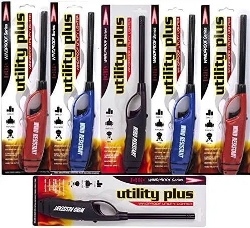 Best Brands USA Multipurpose Windproof Long Neck Utility Lighters, 6 Pack, Ideal for Camping, Hiking, BBQ, Grilling, Fireplace, Outdoor, Red/Blue/Black, WCFLEX3