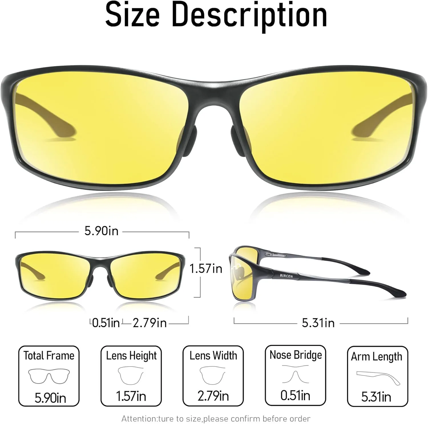 BIRCEN Night Vision Glasses for Driving, Anti Glare HD Al-Mg Frame Night Driving Glasses for Men and Women