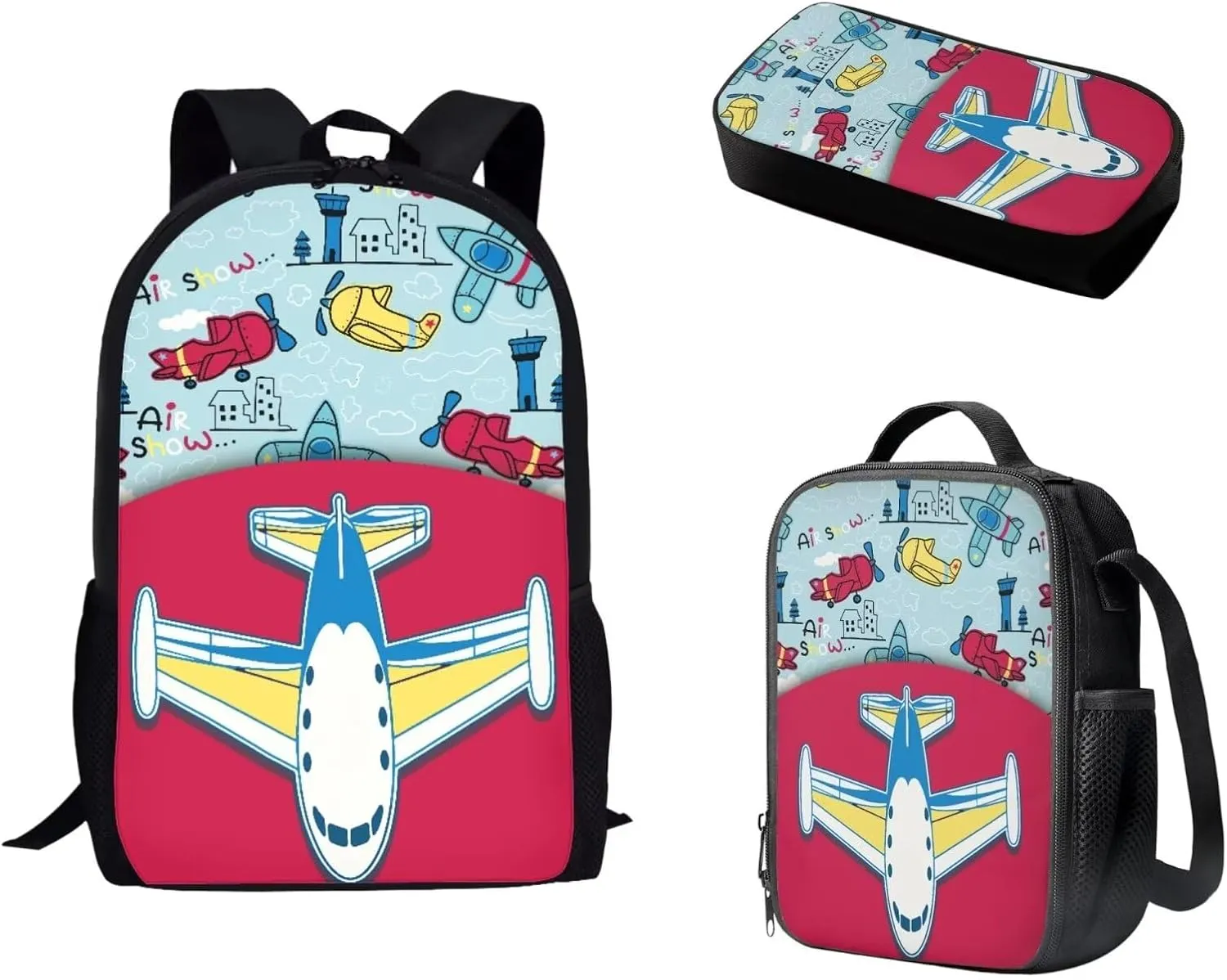 Biyejit Airplane Model School Bag Set Boys Girls Backpack and Lunch Box Pen Case 3 in 1