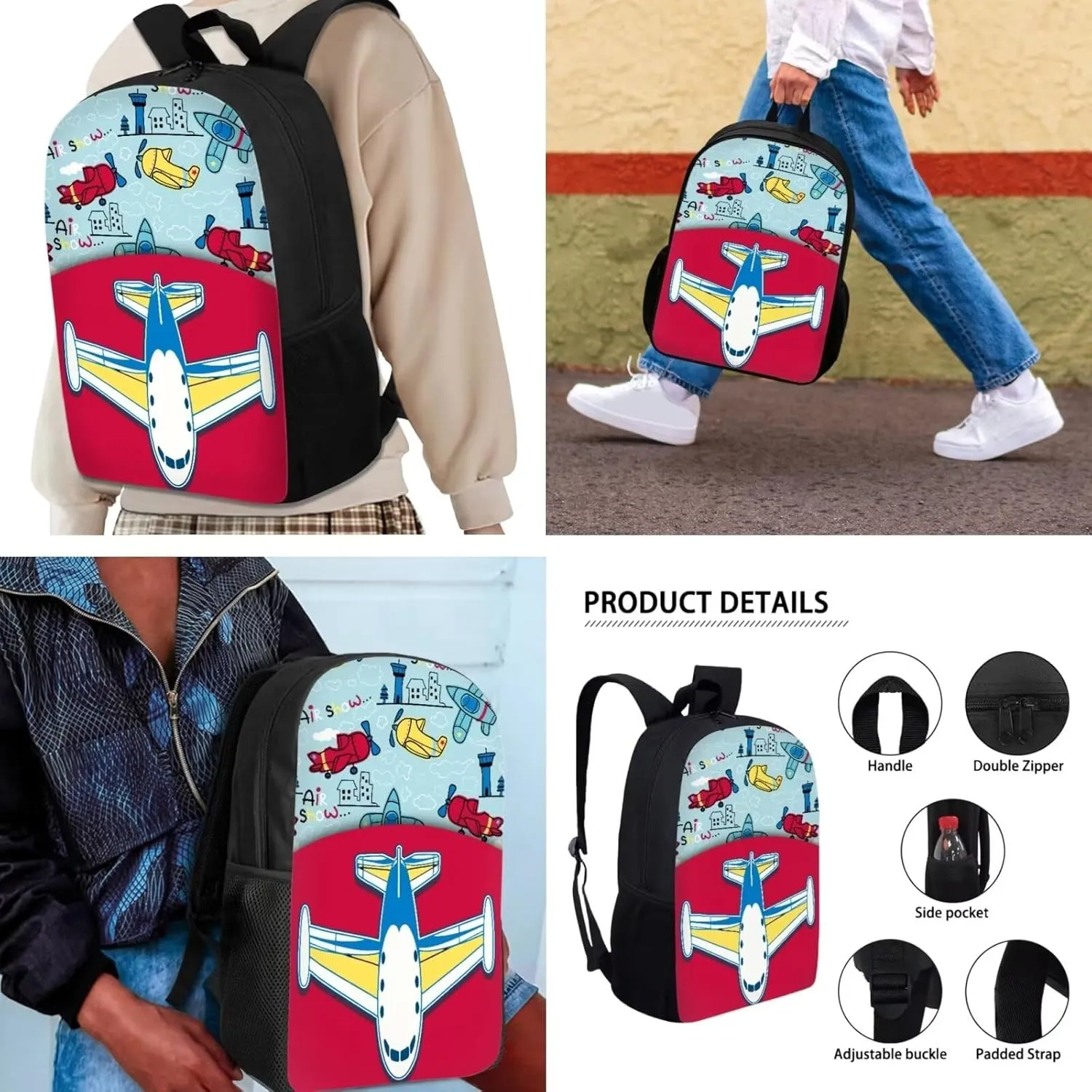 Biyejit Airplane Model School Bag Set Boys Girls Backpack and Lunch Box Pen Case 3 in 1