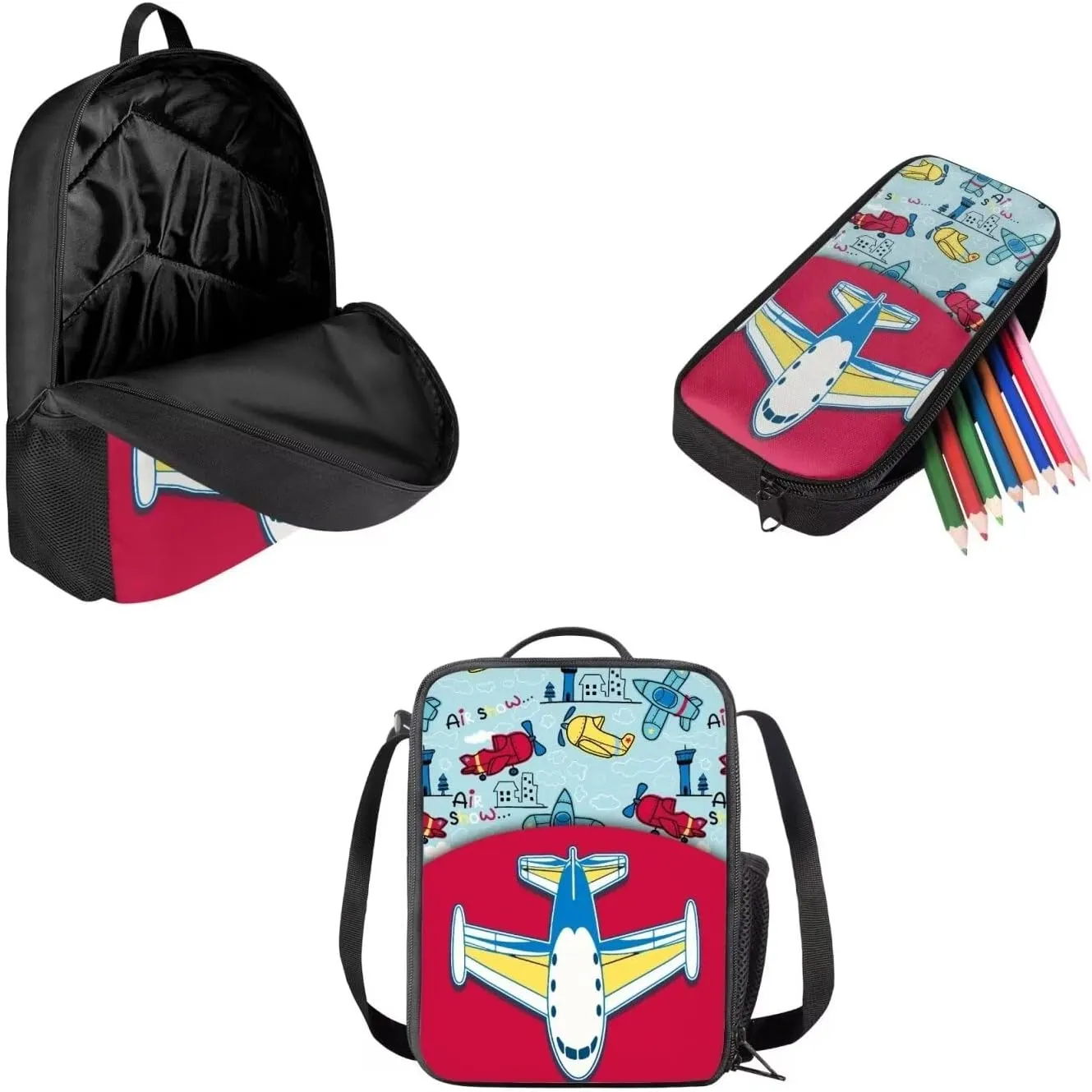 Biyejit Airplane Model School Bag Set Boys Girls Backpack and Lunch Box Pen Case 3 in 1