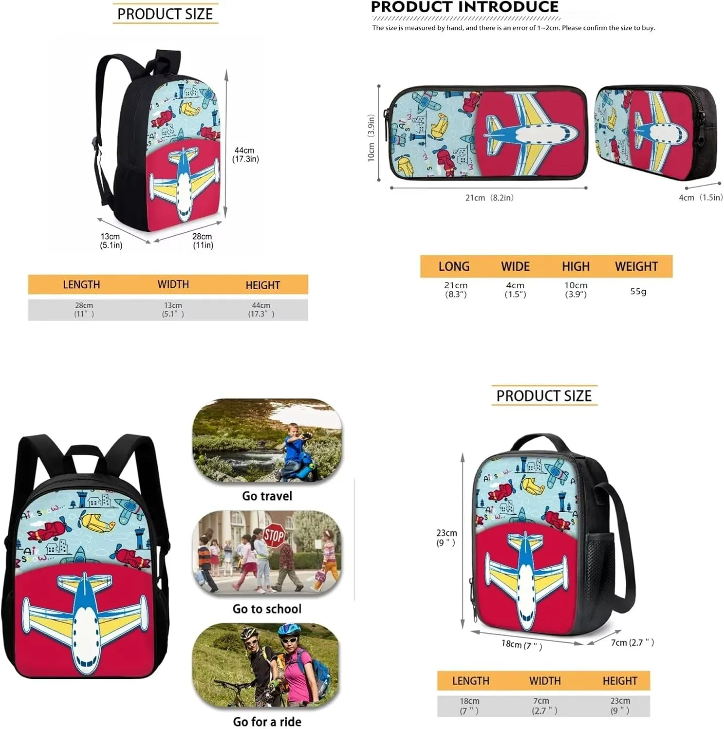 Biyejit Airplane Model School Bag Set Boys Girls Backpack and Lunch Box Pen Case 3 in 1