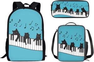 Biyejit Black Cat with Music Notes Print Kids Backpacks for School Teens Boys Girls School Bookbag Set with Lunch Bag and Pencil Pouch, Set 3 in 1 Back to School Supplies