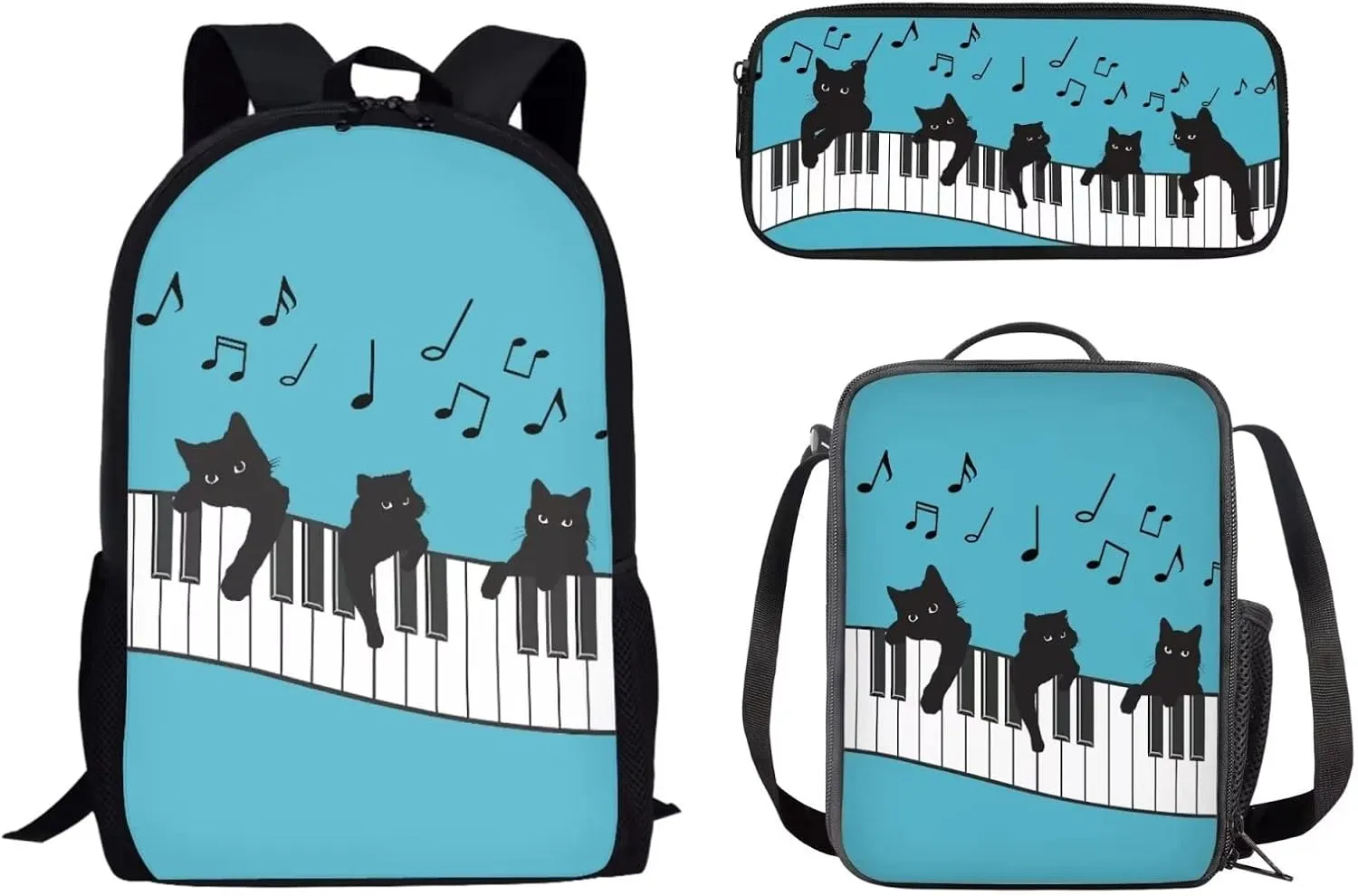 Biyejit Black Cat with Music Notes Print Kids Backpacks for School Teens Boys Girls School Bookbag Set with Lunch Bag and Pencil Pouch, Set 3 in 1 Back to School Supplies