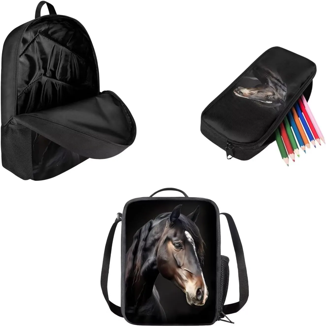 Biyejit Black Horse Backpack and Lunch Bag Set for Elementary Kids School Bag Junior Children Teens Kindergarten Bookbag Cute Lightweight Schoolbag Bag Pack 3 in 1