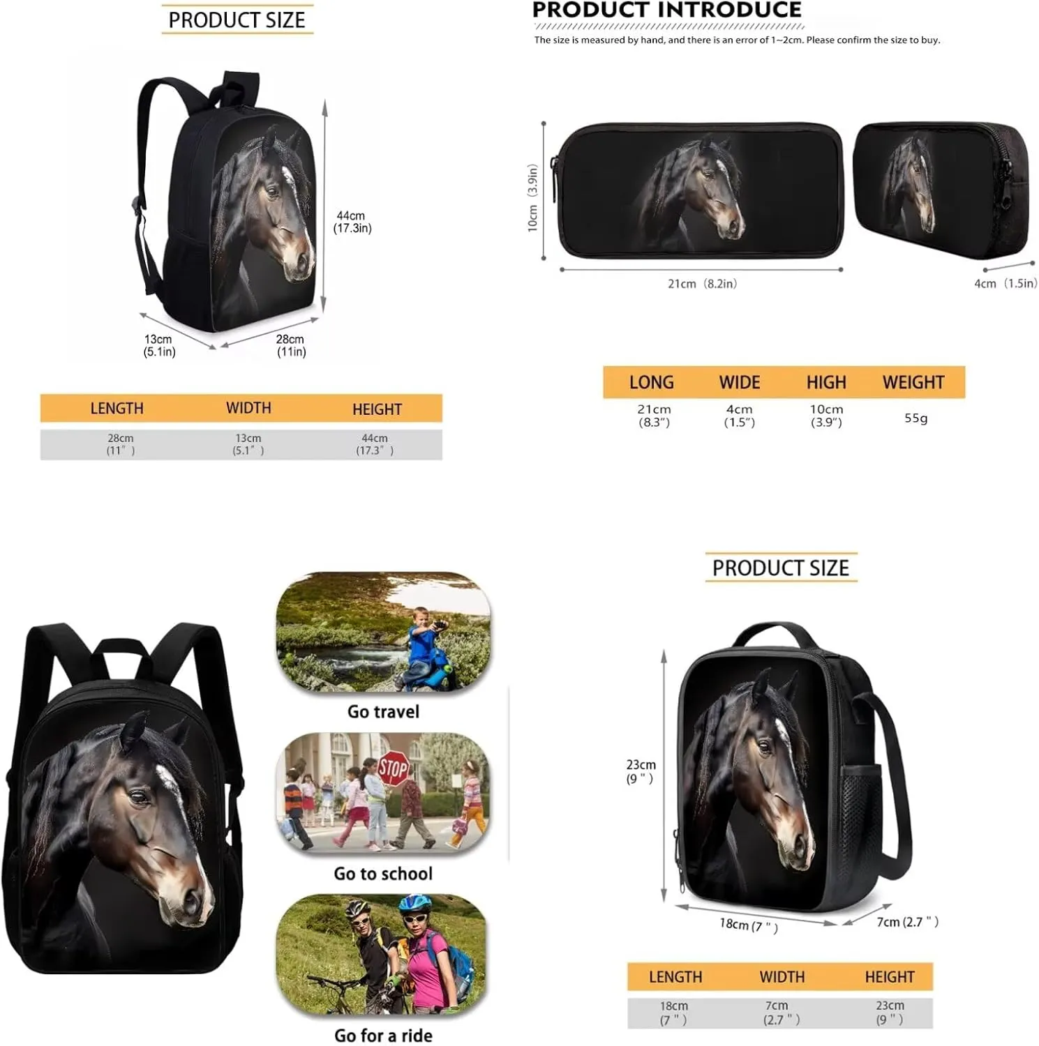 Biyejit Black Horse Backpack and Lunch Bag Set for Elementary Kids School Bag Junior Children Teens Kindergarten Bookbag Cute Lightweight Schoolbag Bag Pack 3 in 1
