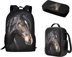 Biyejit Black Horse Backpack and Lunch Bag Set for Elementary Kids School Bag Junior Children Teens Kindergarten Bookbag Cute Lightweight Schoolbag Bag Pack 3 in 1