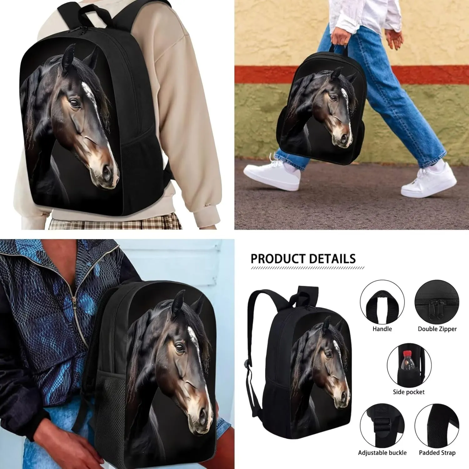 Biyejit Black Horse Backpack and Lunch Bag Set for Elementary Kids School Bag Junior Children Teens Kindergarten Bookbag Cute Lightweight Schoolbag Bag Pack 3 in 1