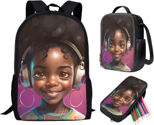Black African Girls Backpack and Lunch Box Set 2Nd/3Rd/4Th/5Th Grade Kids Bookbag Lunch Bag Pencil Case Pouch Magic American AfroGirls School Bag Age 8-10/10-12/14-16